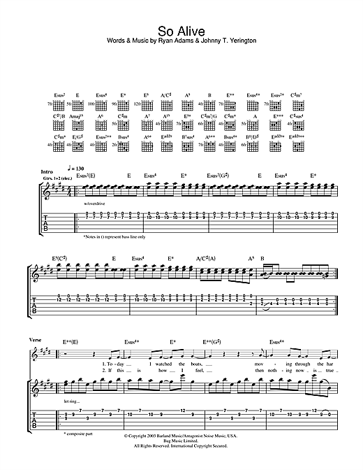 Preview Ryan Adams So Alive Rock sheet music, notes and chords for Guitar Tab, SKU: 32961 sheet music, piano notes, chords, guitar tabs, score, transpose, transcribe, how to play, guide, download, learn, tutorial, progression, song, artist, awards, billboard, mtv, vh1, tour, single, album, release