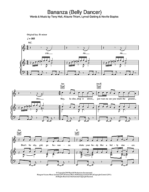 Preview Akon Bananza (Belly Dancer) R & B sheet music, notes and chords for Piano, Vocal & Guitar (Right-Hand Melody), SKU: 32963 sheet music, piano notes, chords, guitar tabs, score, transpose, transcribe, how to play, guide, download, learn, tutorial, progression, song, artist, awards, billboard, mtv, vh1, tour, single, album, release