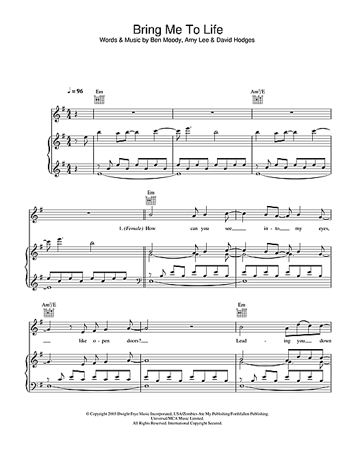 Preview Evanescence Bring Me To Life Rock sheet music, notes and chords for Piano, Vocal & Guitar (Right-Hand Melody), SKU: 32965 sheet music, piano notes, chords, guitar tabs, score, transpose, transcribe, how to play, guide, download, learn, tutorial, progression, song, artist, awards, billboard, mtv, vh1, tour, single, album, release