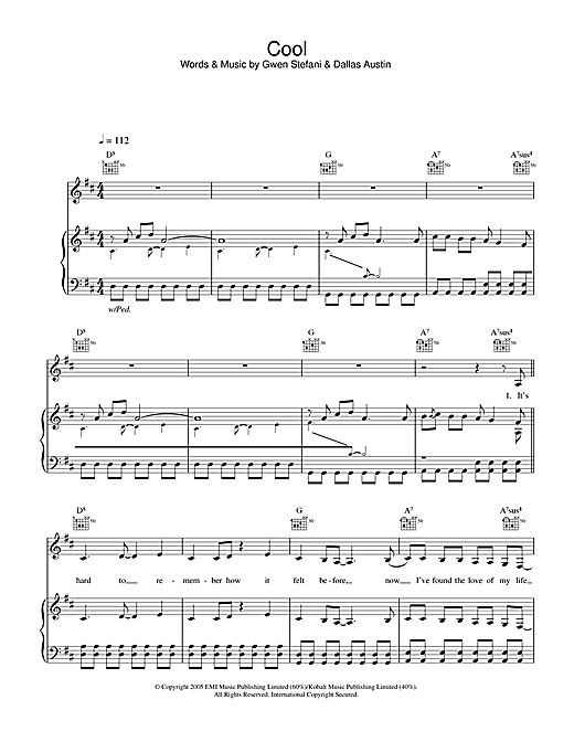 Preview Gwen Stefani Cool Pop sheet music, notes and chords for Piano, Vocal & Guitar (Right-Hand Melody), SKU: 32966 sheet music, piano notes, chords, guitar tabs, score, transpose, transcribe, how to play, guide, download, learn, tutorial, progression, song, artist, awards, billboard, mtv, vh1, tour, single, album, release