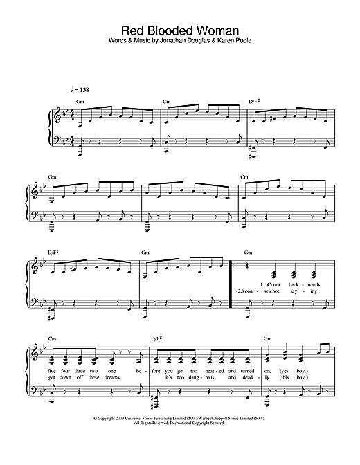 Preview Kylie Minogue Red Blooded Woman Pop sheet music, notes and chords for Easy Piano, SKU: 32967 sheet music, piano notes, chords, guitar tabs, score, transpose, transcribe, how to play, guide, download, learn, tutorial, progression, song, artist, awards, billboard, mtv, vh1, tour, single, album, release