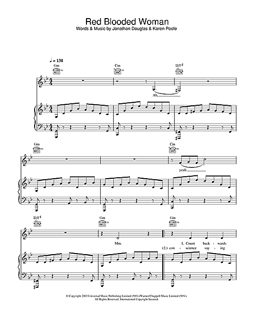 Preview Kylie Minogue Red Blooded Woman Pop sheet music, notes and chords for Piano, Vocal & Guitar, SKU: 32968 sheet music, piano notes, chords, guitar tabs, score, transpose, transcribe, how to play, guide, download, learn, tutorial, progression, song, artist, awards, billboard, mtv, vh1, tour, single, album, release
