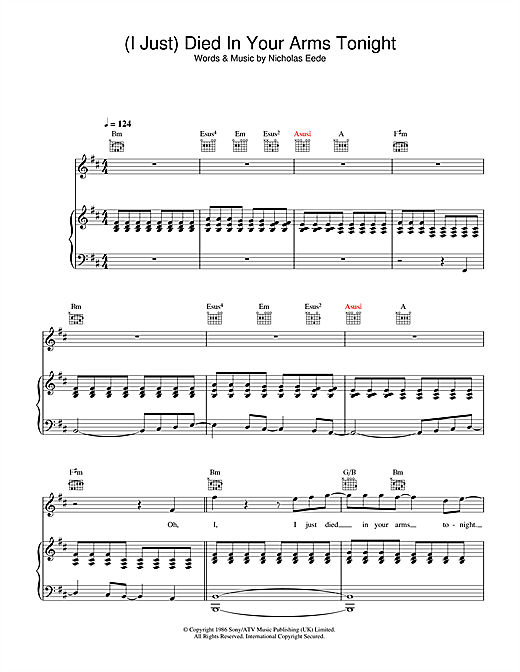 Preview Cutting Crew (I Just) Died In Your Arms Tonight Pop sheet music, notes and chords for Piano, Vocal & Guitar, SKU: 32971 sheet music, piano notes, chords, guitar tabs, score, transpose, transcribe, how to play, guide, download, learn, tutorial, progression, song, artist, awards, billboard, mtv, vh1, tour, single, album, release