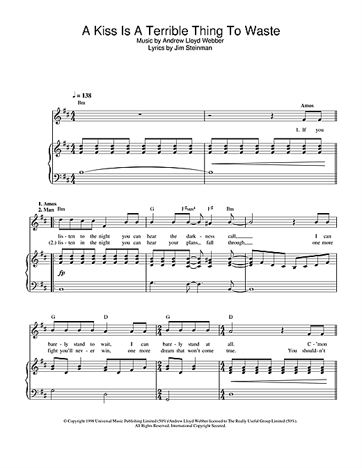 Preview Andrew Lloyd Webber A Kiss Is A Terrible Thing To Waste (from Whistle Down The Wind) Musicals sheet music, notes and chords for Piano, Vocal & Guitar, SKU: 32973 sheet music, piano notes, chords, guitar tabs, score, transpose, transcribe, how to play, guide, download, learn, tutorial, progression, song, artist, awards, billboard, mtv, vh1, tour, single, album, release