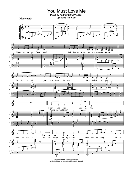 Preview Madonna You Must Love Me (from Evita) Musicals sheet music, notes and chords for Piano & Vocal, SKU: 32974 sheet music, piano notes, chords, guitar tabs, score, transpose, transcribe, how to play, guide, download, learn, tutorial, progression, song, artist, awards, billboard, mtv, vh1, tour, single, album, release