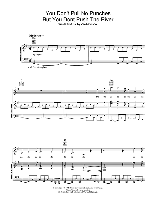 Preview Van Morrison You Don't Pull No Punches But You Don't Push The River Soul sheet music, notes and chords for Piano, Vocal & Guitar (Right-Hand Melody), SKU: 32977 sheet music, piano notes, chords, guitar tabs, score, transpose, transcribe, how to play, guide, download, learn, tutorial, progression, song, artist, awards, billboard, mtv, vh1, tour, single, album, release