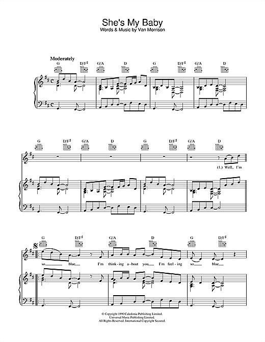 Preview Van Morrison She's My Baby Soul sheet music, notes and chords for Piano, Vocal & Guitar (Right-Hand Melody), SKU: 32978 sheet music, piano notes, chords, guitar tabs, score, transpose, transcribe, how to play, guide, download, learn, tutorial, progression, song, artist, awards, billboard, mtv, vh1, tour, single, album, release