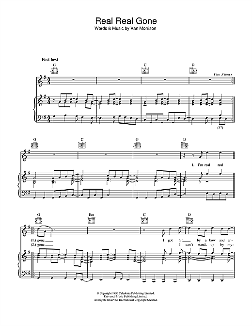 Preview Van Morrison Real Real Gone Soul sheet music, notes and chords for Piano, Vocal & Guitar (Right-Hand Melody), SKU: 32979 sheet music, piano notes, chords, guitar tabs, score, transpose, transcribe, how to play, guide, download, learn, tutorial, progression, song, artist, awards, billboard, mtv, vh1, tour, single, album, release