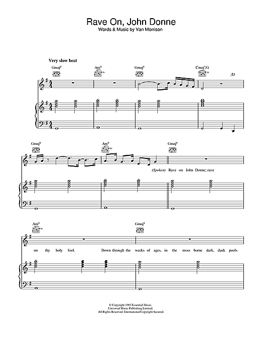 Preview Van Morrison Rave On, John Donne Soul sheet music, notes and chords for Piano, Vocal & Guitar, SKU: 32980 sheet music, piano notes, chords, guitar tabs, score, transpose, transcribe, how to play, guide, download, learn, tutorial, progression, song, artist, awards, billboard, mtv, vh1, tour, single, album, release