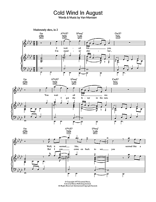 Preview Van Morrison Cold Wind In August Soul sheet music, notes and chords for Piano, Vocal & Guitar (Right-Hand Melody), SKU: 32982 sheet music, piano notes, chords, guitar tabs, score, transpose, transcribe, how to play, guide, download, learn, tutorial, progression, song, artist, awards, billboard, mtv, vh1, tour, single, album, release