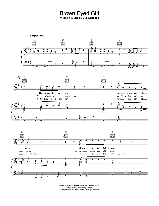 Preview Van Morrison Brown Eyed Girl Soul sheet music, notes and chords for Piano, Vocal & Guitar (Right-Hand Melody), SKU: 32983 sheet music, piano notes, chords, guitar tabs, score, transpose, transcribe, how to play, guide, download, learn, tutorial, progression, song, artist, awards, billboard, mtv, vh1, tour, single, album, release