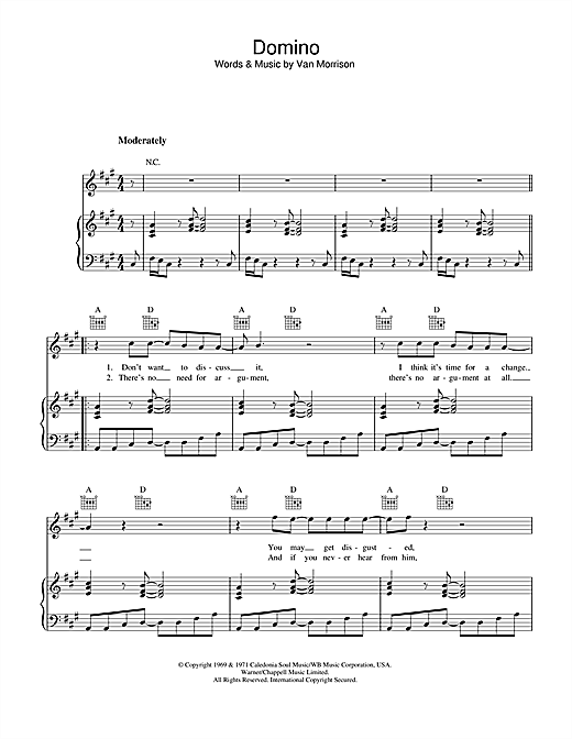 Preview Van Morrison Domino Soul sheet music, notes and chords for Piano, Vocal & Guitar, SKU: 32984 sheet music, piano notes, chords, guitar tabs, score, transpose, transcribe, how to play, guide, download, learn, tutorial, progression, song, artist, awards, billboard, mtv, vh1, tour, single, album, release