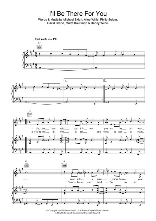 Preview The Rembrandts I'll Be There For You (theme from Friends) Pop sheet music, notes and chords for Piano, Vocal & Guitar (Right-Hand Melody), SKU: 32987 sheet music, piano notes, chords, guitar tabs, score, transpose, transcribe, how to play, guide, download, learn, tutorial, progression, song, artist, awards, billboard, mtv, vh1, tour, single, album, release