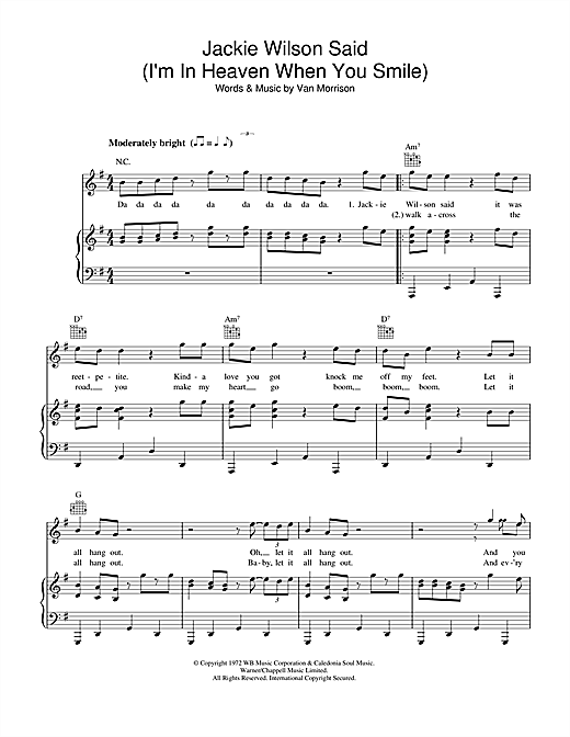 Preview Van Morrison Jackie Wilson Said (I'm In Heaven When You Smile) Soul sheet music, notes and chords for Piano, Vocal & Guitar (Right-Hand Melody), SKU: 32988 sheet music, piano notes, chords, guitar tabs, score, transpose, transcribe, how to play, guide, download, learn, tutorial, progression, song, artist, awards, billboard, mtv, vh1, tour, single, album, release