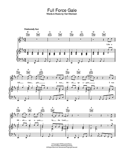 Preview Van Morrison Full Force Gale Soul sheet music, notes and chords for Piano, Vocal & Guitar (Right-Hand Melody), SKU: 32989 sheet music, piano notes, chords, guitar tabs, score, transpose, transcribe, how to play, guide, download, learn, tutorial, progression, song, artist, awards, billboard, mtv, vh1, tour, single, album, release