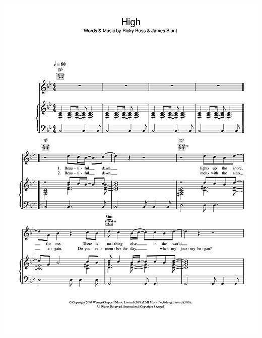 Preview James Blunt High Pop sheet music, notes and chords for Piano, Vocal & Guitar (Right-Hand Melody), SKU: 32992 sheet music, piano notes, chords, guitar tabs, score, transpose, transcribe, how to play, guide, download, learn, tutorial, progression, song, artist, awards, billboard, mtv, vh1, tour, single, album, release