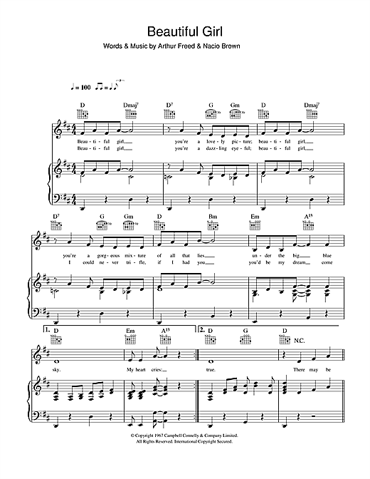 Preview Jimmie Thompson Beautiful Girl (from Singin' In The Rain) Musicals sheet music, notes and chords for Piano, Vocal & Guitar (Right-Hand Melody), SKU: 32995 sheet music, piano notes, chords, guitar tabs, score, transpose, transcribe, how to play, guide, download, learn, tutorial, progression, song, artist, awards, billboard, mtv, vh1, tour, single, album, release