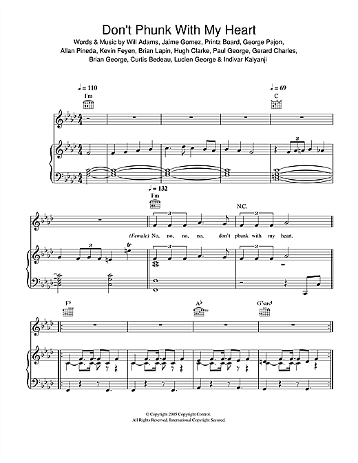 Preview The Black Eyed Peas Don't Phunk With My Heart R & B sheet music, notes and chords for Piano, Vocal & Guitar (Right-Hand Melody), SKU: 32997 sheet music, piano notes, chords, guitar tabs, score, transpose, transcribe, how to play, guide, download, learn, tutorial, progression, song, artist, awards, billboard, mtv, vh1, tour, single, album, release