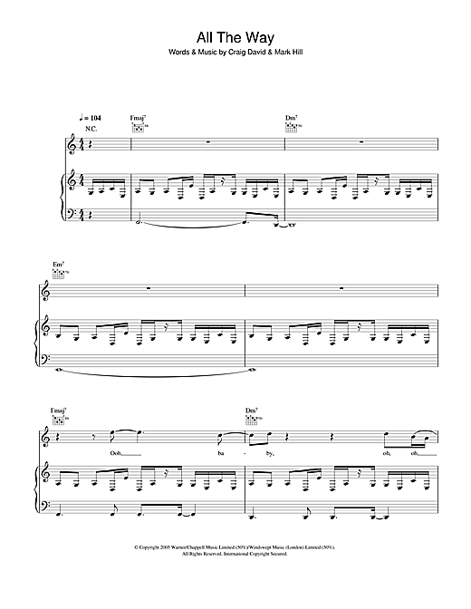Preview Craig David All The Way R & B sheet music, notes and chords for Piano, Vocal & Guitar (Right-Hand Melody), SKU: 33000 sheet music, piano notes, chords, guitar tabs, score, transpose, transcribe, how to play, guide, download, learn, tutorial, progression, song, artist, awards, billboard, mtv, vh1, tour, single, album, release