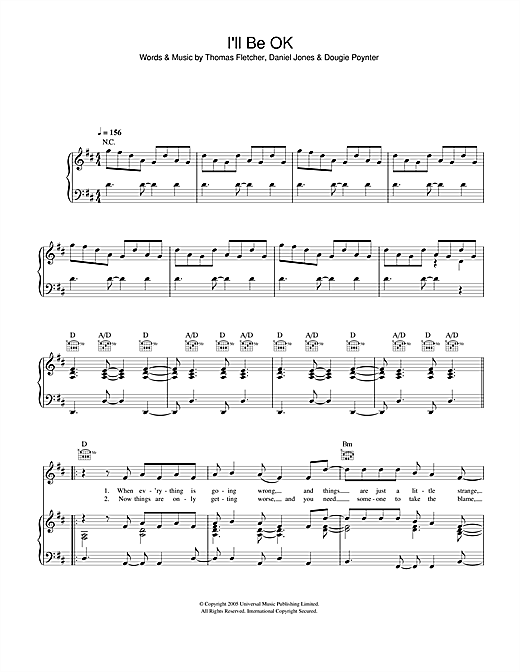 Preview McFly I'll Be OK Pop sheet music, notes and chords for Piano, Vocal & Guitar (Right-Hand Melody), SKU: 33001 sheet music, piano notes, chords, guitar tabs, score, transpose, transcribe, how to play, guide, download, learn, tutorial, progression, song, artist, awards, billboard, mtv, vh1, tour, single, album, release