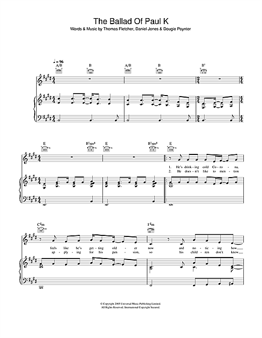 Preview McFly The Ballad Of Paul K Pop sheet music, notes and chords for Piano, Vocal & Guitar (Right-Hand Melody), SKU: 33004 sheet music, piano notes, chords, guitar tabs, score, transpose, transcribe, how to play, guide, download, learn, tutorial, progression, song, artist, awards, billboard, mtv, vh1, tour, single, album, release