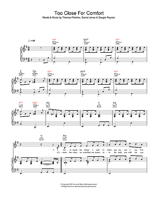 Preview McFly Too Close For Comfort Pop sheet music, notes and chords for Piano, Vocal & Guitar (Right-Hand Melody), SKU: 33006 sheet music, piano notes, chords, guitar tabs, score, transpose, transcribe, how to play, guide, download, learn, tutorial, progression, song, artist, awards, billboard, mtv, vh1, tour, single, album, release