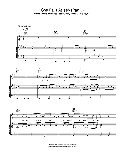 Preview McFly She Falls Asleep Part 2 Pop sheet music, notes and chords for Piano, Vocal & Guitar (Right-Hand Melody), SKU: 33008 sheet music, piano notes, chords, guitar tabs, score, transpose, transcribe, how to play, guide, download, learn, tutorial, progression, song, artist, awards, billboard, mtv, vh1, tour, single, album, release