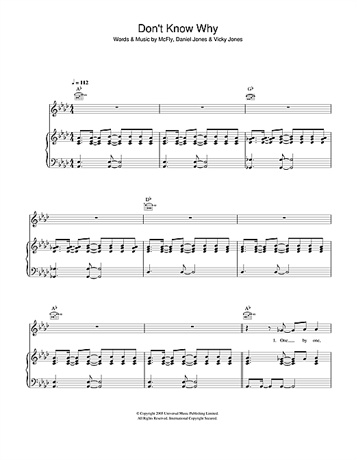 Preview McFly Don't Know Why Pop sheet music, notes and chords for Piano, Vocal & Guitar (Right-Hand Melody), SKU: 33009 sheet music, piano notes, chords, guitar tabs, score, transpose, transcribe, how to play, guide, download, learn, tutorial, progression, song, artist, awards, billboard, mtv, vh1, tour, single, album, release