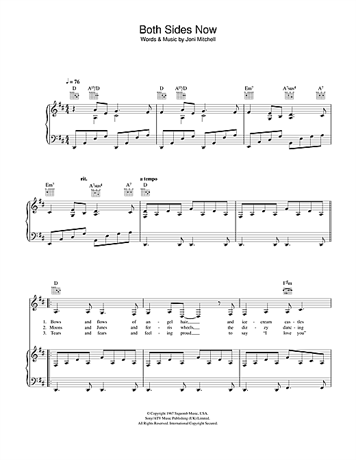 Preview Joni Mitchell Both Sides Now Jazz sheet music, notes and chords for Piano, Vocal & Guitar, SKU: 33012 sheet music, piano notes, chords, guitar tabs, score, transpose, transcribe, how to play, guide, download, learn, tutorial, progression, song, artist, awards, billboard, mtv, vh1, tour, single, album, release