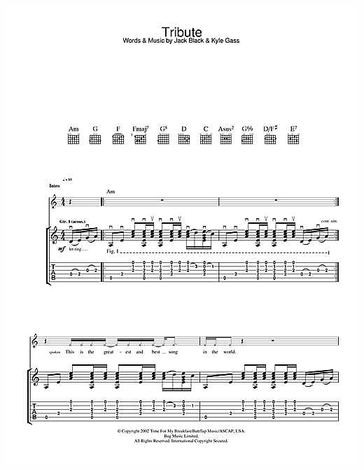 Preview Tenacious D Tribute Rock sheet music, notes and chords for Guitar Tab, SKU: 33013 sheet music, piano notes, chords, guitar tabs, score, transpose, transcribe, how to play, guide, download, learn, tutorial, progression, song, artist, awards, billboard, mtv, vh1, tour, single, album, release