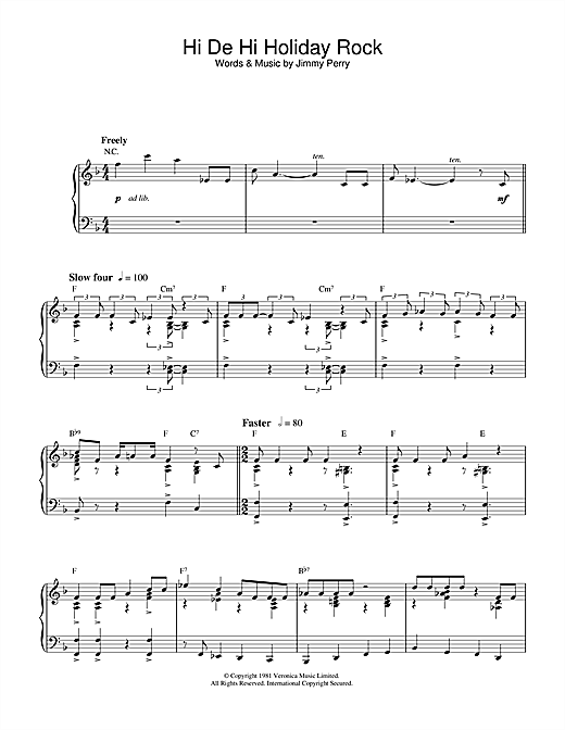 Preview Jimmy Perry Hi De Hi Holiday Rock (theme from Hi De Hi) Film and TV sheet music, notes and chords for Piano, SKU: 33014 sheet music, piano notes, chords, guitar tabs, score, transpose, transcribe, how to play, guide, download, learn, tutorial, progression, song, artist, awards, billboard, mtv, vh1, tour, single, album, release