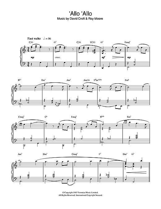 Preview David Croft 'Allo 'Allo Film and TV sheet music, notes and chords for Piano, SKU: 33015 sheet music, piano notes, chords, guitar tabs, score, transpose, transcribe, how to play, guide, download, learn, tutorial, progression, song, artist, awards, billboard, mtv, vh1, tour, single, album, release