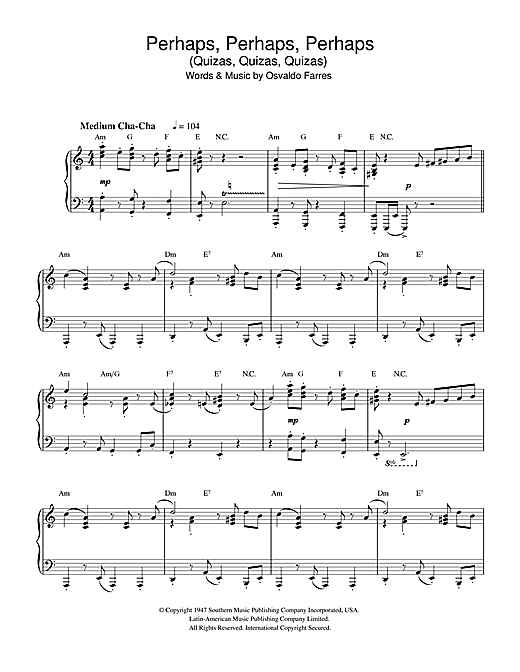 Preview Osvaldo Farres Perhaps, Perhaps, Perhaps (Quizas, Quizas, Quizas) Film and TV sheet music, notes and chords for Piano, SKU: 33018 sheet music, piano notes, chords, guitar tabs, score, transpose, transcribe, how to play, guide, download, learn, tutorial, progression, song, artist, awards, billboard, mtv, vh1, tour, single, album, release
