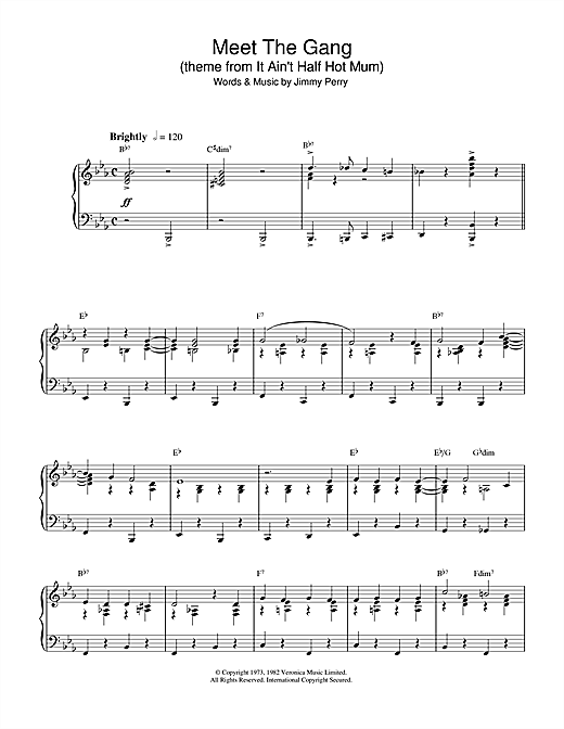 Preview Jimmy Perry Meet The Gang (theme from It Ain't Half Hot Mum) Film and TV sheet music, notes and chords for Piano, SKU: 33019 sheet music, piano notes, chords, guitar tabs, score, transpose, transcribe, how to play, guide, download, learn, tutorial, progression, song, artist, awards, billboard, mtv, vh1, tour, single, album, release