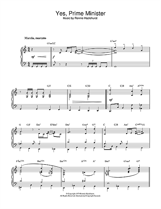 Preview Ronnie Hazlehurst Yes Prime Minister Film and TV sheet music, notes and chords for Piano, SKU: 33020 sheet music, piano notes, chords, guitar tabs, score, transpose, transcribe, how to play, guide, download, learn, tutorial, progression, song, artist, awards, billboard, mtv, vh1, tour, single, album, release