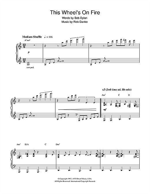 Preview Bob Dylan This Wheel's On Fire (theme from Absolutely Fabulous) Rock sheet music, notes and chords for Piano, SKU: 33021 sheet music, piano notes, chords, guitar tabs, score, transpose, transcribe, how to play, guide, download, learn, tutorial, progression, song, artist, awards, billboard, mtv, vh1, tour, single, album, release