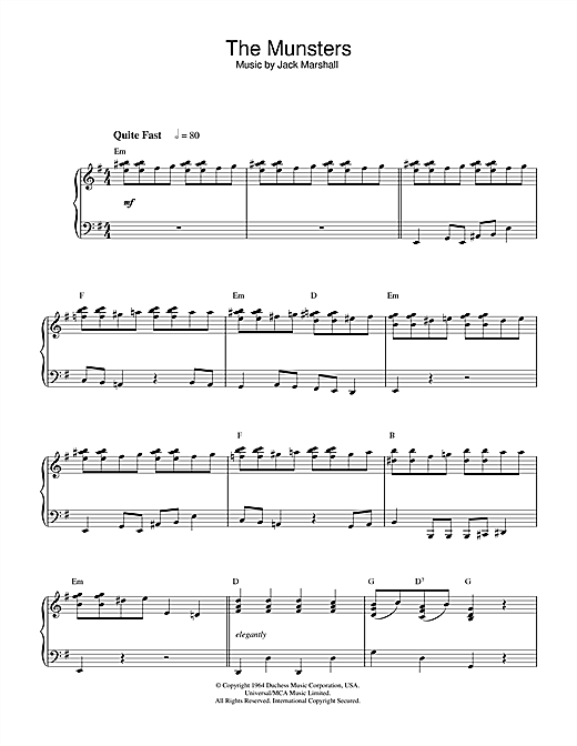 Preview Jack Marshall The Munsters Film and TV sheet music, notes and chords for Piano, SKU: 33022 sheet music, piano notes, chords, guitar tabs, score, transpose, transcribe, how to play, guide, download, learn, tutorial, progression, song, artist, awards, billboard, mtv, vh1, tour, single, album, release