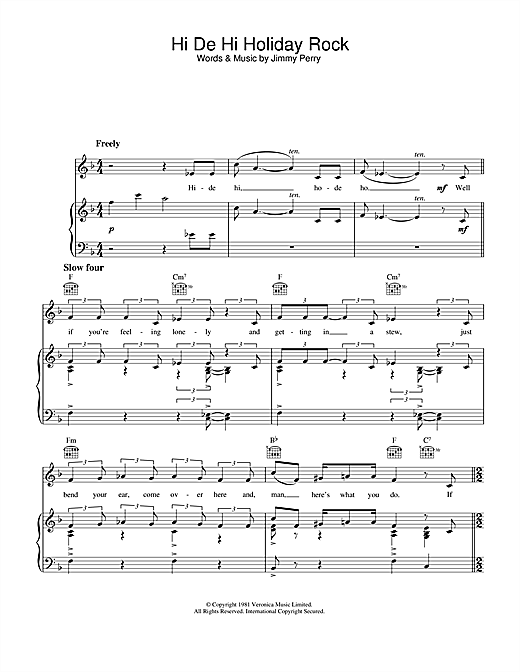 Preview Jimmy Perry Hi De Hi Holiday Rock (theme from Hi De Hi) Film and TV sheet music, notes and chords for Piano, Vocal & Guitar (Right-Hand Melody), SKU: 33025 sheet music, piano notes, chords, guitar tabs, score, transpose, transcribe, how to play, guide, download, learn, tutorial, progression, song, artist, awards, billboard, mtv, vh1, tour, single, album, release