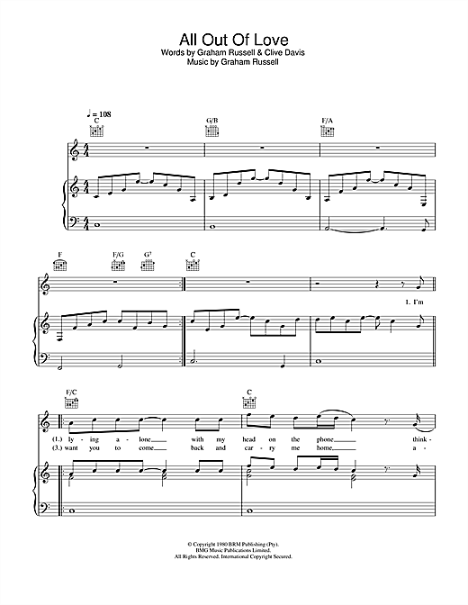Preview Air Supply All Out Of Love Rock sheet music, notes and chords for Piano, Vocal & Guitar (Right-Hand Melody), SKU: 33026 sheet music, piano notes, chords, guitar tabs, score, transpose, transcribe, how to play, guide, download, learn, tutorial, progression, song, artist, awards, billboard, mtv, vh1, tour, single, album, release