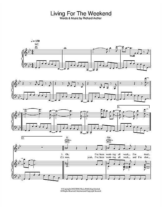 Preview Hard-Fi Living For The Weekend Rock sheet music, notes and chords for Piano, Vocal & Guitar (Right-Hand Melody), SKU: 33027 sheet music, piano notes, chords, guitar tabs, score, transpose, transcribe, how to play, guide, download, learn, tutorial, progression, song, artist, awards, billboard, mtv, vh1, tour, single, album, release
