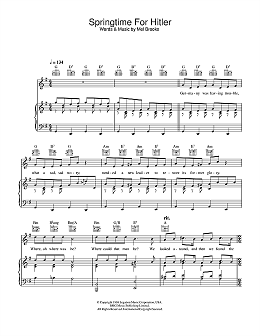 Preview Mel Brooks Springtime For Hitler (from The Producers) Musicals sheet music, notes and chords for Piano, Vocal & Guitar (Right-Hand Melody), SKU: 33028 sheet music, piano notes, chords, guitar tabs, score, transpose, transcribe, how to play, guide, download, learn, tutorial, progression, song, artist, awards, billboard, mtv, vh1, tour, single, album, release