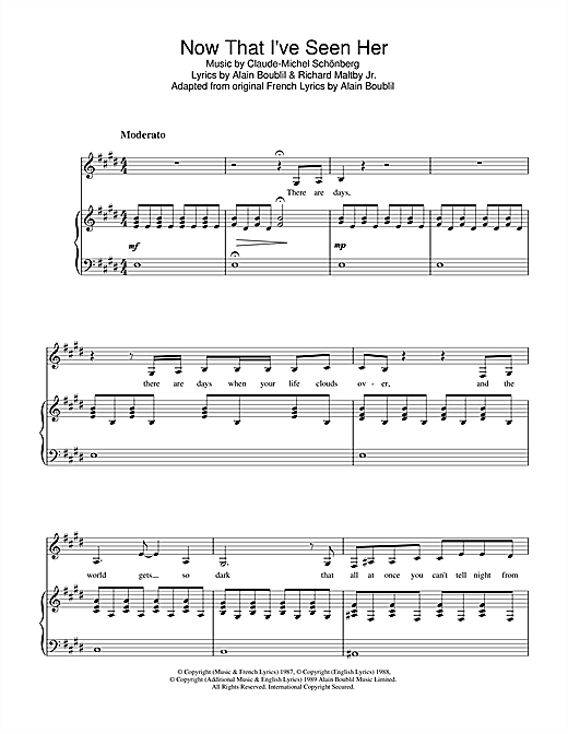 Preview Boublil and Schonberg Now That I've Seen Her (from Miss Saigon) Musicals sheet music, notes and chords for Piano & Vocal, SKU: 33029 sheet music, piano notes, chords, guitar tabs, score, transpose, transcribe, how to play, guide, download, learn, tutorial, progression, song, artist, awards, billboard, mtv, vh1, tour, single, album, release