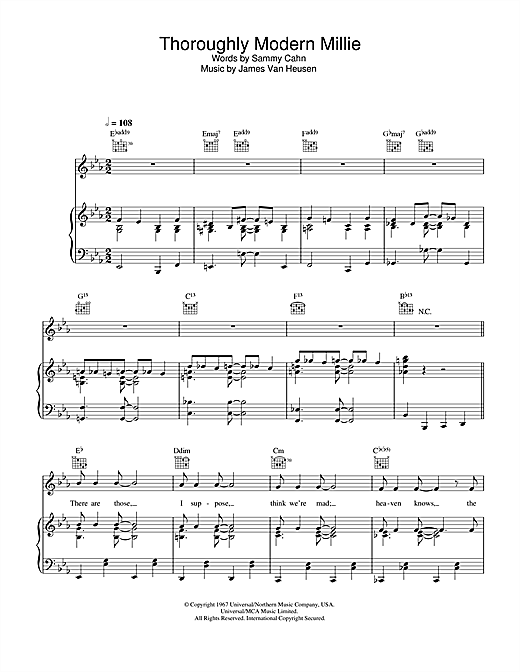 Preview Sammy Cahn Thoroughly Modern Millie Musicals sheet music, notes and chords for Piano & Vocal, SKU: 33030 sheet music, piano notes, chords, guitar tabs, score, transpose, transcribe, how to play, guide, download, learn, tutorial, progression, song, artist, awards, billboard, mtv, vh1, tour, single, album, release