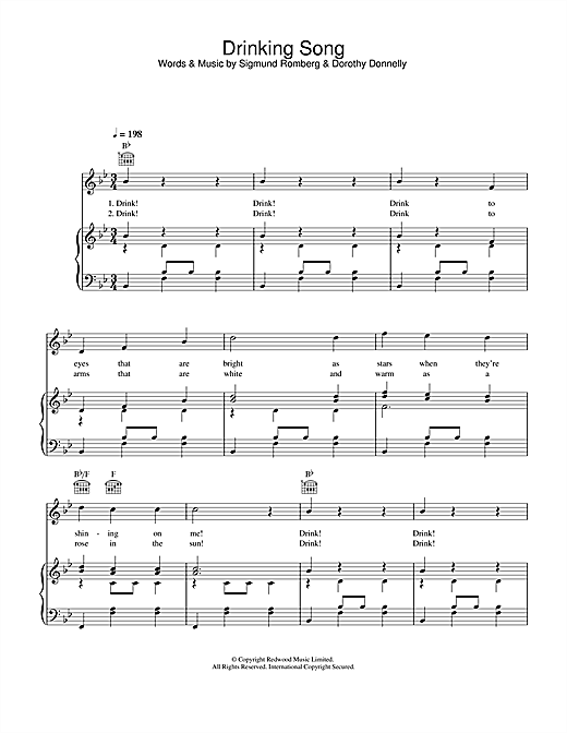 Preview Sigmund Romberg Drinking Song (from The Student Prince) Musicals sheet music, notes and chords for Piano, Vocal & Guitar (Right-Hand Melody), SKU: 33032 sheet music, piano notes, chords, guitar tabs, score, transpose, transcribe, how to play, guide, download, learn, tutorial, progression, song, artist, awards, billboard, mtv, vh1, tour, single, album, release