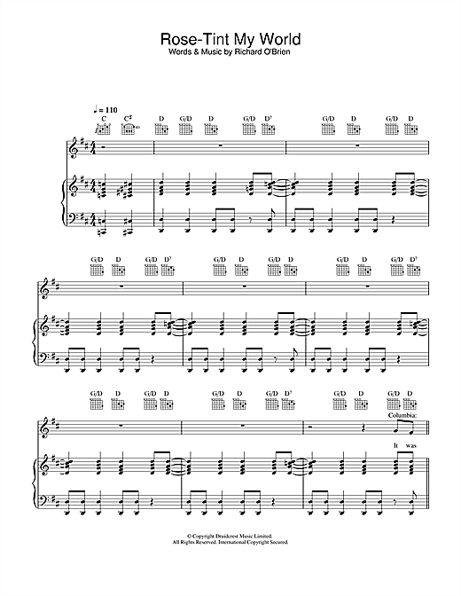 Preview Richard O'Brien Rose-Tint My World (from The Rocky Horror Picture Show) Musicals sheet music, notes and chords for Piano, Vocal & Guitar, SKU: 33033 sheet music, piano notes, chords, guitar tabs, score, transpose, transcribe, how to play, guide, download, learn, tutorial, progression, song, artist, awards, billboard, mtv, vh1, tour, single, album, release