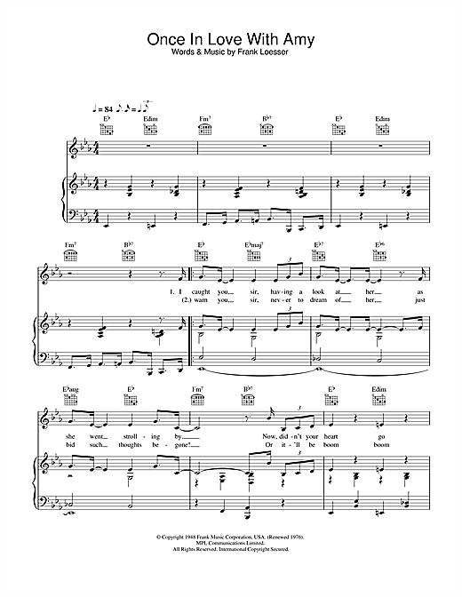 Preview Frank Loesser Once In Love With Amy (from Where's Charley?) Musicals sheet music, notes and chords for Piano, Vocal & Guitar (Right-Hand Melody), SKU: 33035 sheet music, piano notes, chords, guitar tabs, score, transpose, transcribe, how to play, guide, download, learn, tutorial, progression, song, artist, awards, billboard, mtv, vh1, tour, single, album, release