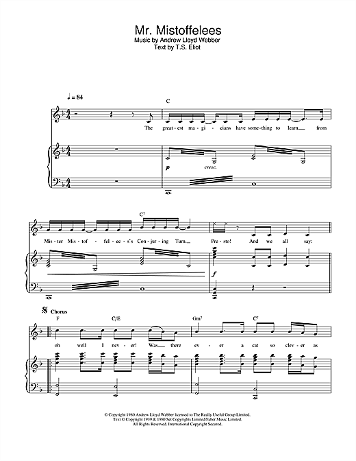 Preview Andrew Lloyd Webber Mr. Mistoffelees (from Cats) Musicals sheet music, notes and chords for Piano, Vocal & Guitar, SKU: 33036 sheet music, piano notes, chords, guitar tabs, score, transpose, transcribe, how to play, guide, download, learn, tutorial, progression, song, artist, awards, billboard, mtv, vh1, tour, single, album, release