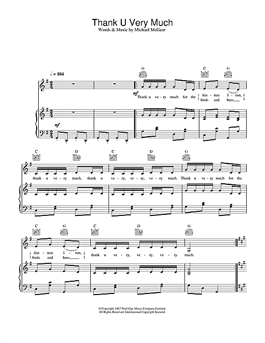 Preview The Scaffold Thank U Very Much Pop sheet music, notes and chords for Piano, Vocal & Guitar (Right-Hand Melody), SKU: 33037 sheet music, piano notes, chords, guitar tabs, score, transpose, transcribe, how to play, guide, download, learn, tutorial, progression, song, artist, awards, billboard, mtv, vh1, tour, single, album, release
