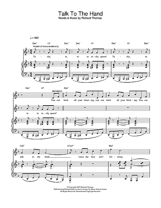 Preview Richard Thomas Talk To The Hand (from Jerry Springer The Opera) Musicals sheet music, notes and chords for Piano, Vocal & Guitar, SKU: 33040 sheet music, piano notes, chords, guitar tabs, score, transpose, transcribe, how to play, guide, download, learn, tutorial, progression, song, artist, awards, billboard, mtv, vh1, tour, single, album, release