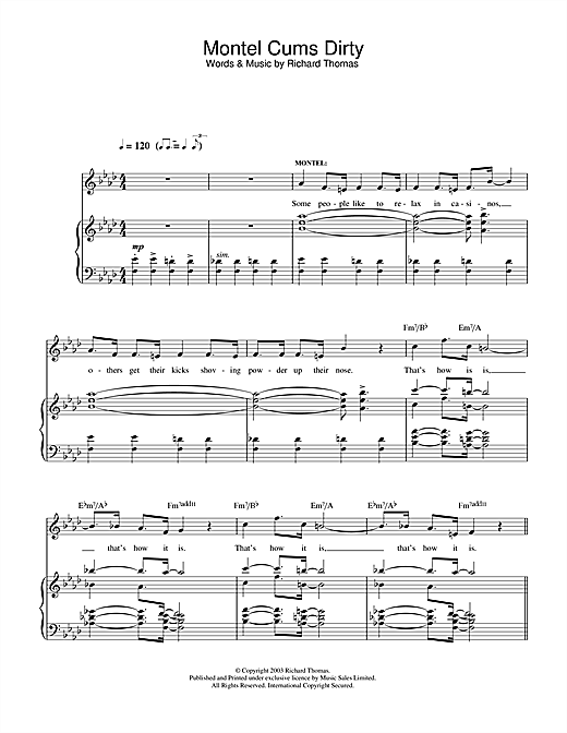 Preview Richard Thomas Montel Cums Dirty (from Jerry Springer The Opera) Musicals sheet music, notes and chords for Piano, Vocal & Guitar, SKU: 33041 sheet music, piano notes, chords, guitar tabs, score, transpose, transcribe, how to play, guide, download, learn, tutorial, progression, song, artist, awards, billboard, mtv, vh1, tour, single, album, release